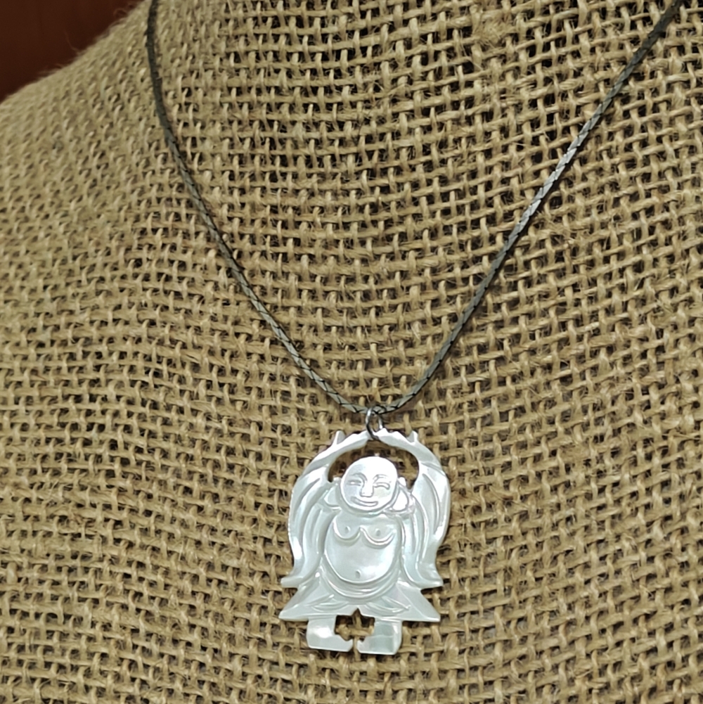 Vintage Carved Mother Of Pearl Dancing Buddha Pendant Necklace